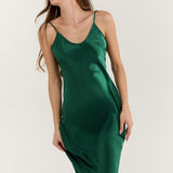 Pure Silk Spaghetti Strap Long Dress In Green