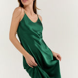 Pure Silk Spaghetti Strap Long Dress In Green