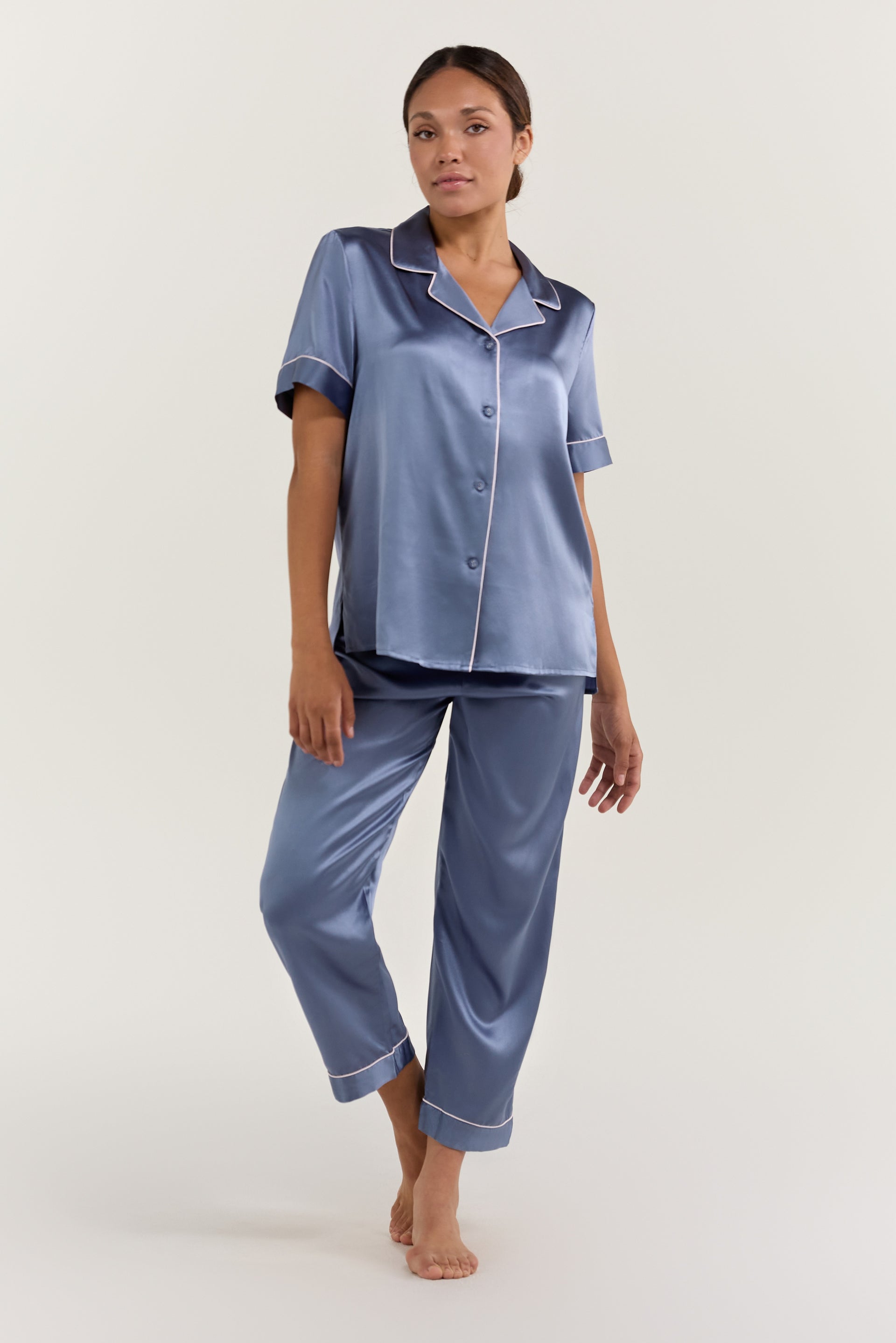 Women's Pure Silk Pajama Set Short Sleeve Top Pants In Dusk
