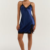 Pure Silk Lace Trim Chemise Nightgown with Split Hem In Navy Blue