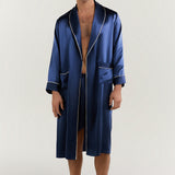 Men’s Pure Silk Robe In Navy Blue