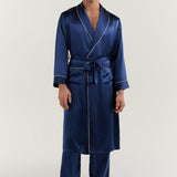 Men’s Pure Silk Robe In Navy Blue