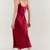 Pure Silk Spaghetti Strap Long Dress In Burgundy Red