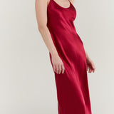 Pure Silk Spaghetti Strap Long Dress In Burgundy Red