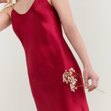 Pure Silk Spaghetti Strap Long Dress In Burgundy Red