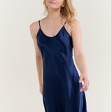 Pure Silk Spaghetti Strap Nightgown Slip Dress In Navy Blue