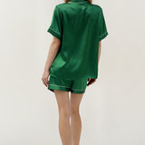 Ensemble pyjama en soie vert émeraude pour femme, manches courtes et short