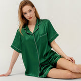 Ensemble pyjama en soie vert émeraude pour femme, manches courtes et short