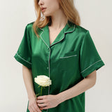 Ensemble pyjama en soie vert émeraude pour femme, manches courtes et short