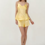 Ensemble pyjama caraco en pure soie pour femme, couleur citron