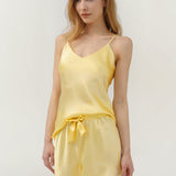 Ensemble pyjama caraco en pure soie pour femme, couleur citron