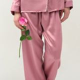 Pyjama en soie à manches longues et pantalon pour femme, couleur rose poudré