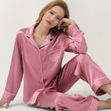 Pyjama en soie à manches longues et pantalon pour femme, couleur rose poudré