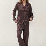 Pyjama en soie à manches longues et pantalon pour femme, couleur café