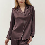 Pyjama en soie à manches longues et pantalon pour femme, couleur café