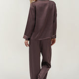 Pyjama en soie à manches longues et pantalon pour femme, couleur café