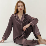 Pyjama en soie à manches longues et pantalon pour femme, couleur café