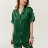 Ensemble pyjama en soie vert émeraude pour femme, manches courtes et short