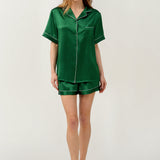 Ensemble pyjama en soie vert émeraude pour femme, manches courtes et short