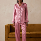 Pyjama en soie à manches longues et pantalon pour femme, couleur rose poudré