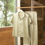 Women's Pure Silk Pajama Set - Short Sleeve Top & Long Pants In Avocado