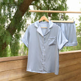 Women’s Short-Sleeve & Shorts Silk Pajama Set In Haze Blue