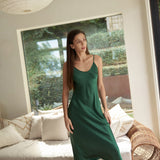 Pure Silk Spaghetti Strap Long Dress In Green