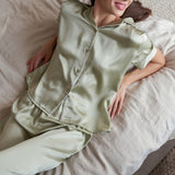 Women's Pure Silk Pajama Set - Short Sleeve Top & Long Pants In Avocado