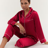 Women’s Long-Sleeve & Pants Silk Pajama In Burgundy Red