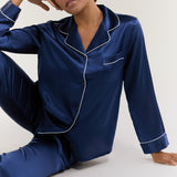 Women’s Long-Sleeve & Pants Silk Pajama In Navy Blue