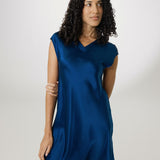 Soft Pure Silk Midi Nightgown for Women In Navy Blue