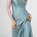 Pure Silk Spaghetti Strap Long Dress In Grayish Blue