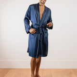 Men’s Pure Silk Short Robe with Trim In Navy Blue