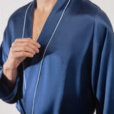 Men’s Pure Silk Short Robe with Trim In Navy Blue