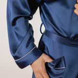 Men’s Pure Silk Short Robe with Trim In Navy Blue