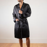 Men’s Pure Silk Short Robe with Trim In Black