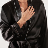 Men’s Pure Silk Short Robe with Trim In Black