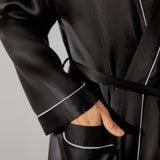 Men’s Pure Silk Short Robe with Trim In Black