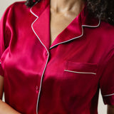 Ensemble pyjama en soie à manches courtes et short pour femme, couleur bordeaux rouge