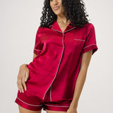 Ensemble pyjama en soie à manches courtes et short pour femme, couleur bordeaux rouge