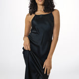 Pure Silk Slit Spaghetti Strap Nightgown In Black