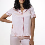 Women's Pure Silk Pajama Set - Short Sleeve Top & Long Pants In Pale Pink