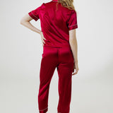 Women's Pure Silk Pajama Set - Short Sleeve Top & Long Pants In Burgundy Red