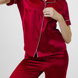 Women's Pure Silk Pajama Set - Short Sleeve Top & Long Pants In Burgundy Red