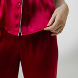 Women's Pure Silk Pajama Set - Short Sleeve Top & Long Pants In Burgundy Red