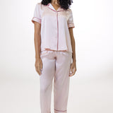 Women's Pure Silk Pajama Set - Short Sleeve Top & Long Pants In Pale Pink