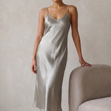 Pure Silk Spaghetti Strap Long Dress In Olive Green