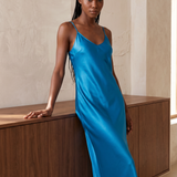 Pure Silk Spaghetti Strap Long Dress In Peacock