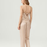 Damen-Set aus Camisole und Hose aus reiner Seide mit Rückenschnürung in Champagner