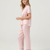 Pyjama en pure soie pour femme - Haut à manches courtes et pantalon long rose pâle